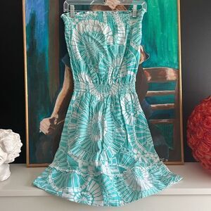 Roxy Blue and White Strapless Sundress Ruffled Smocked